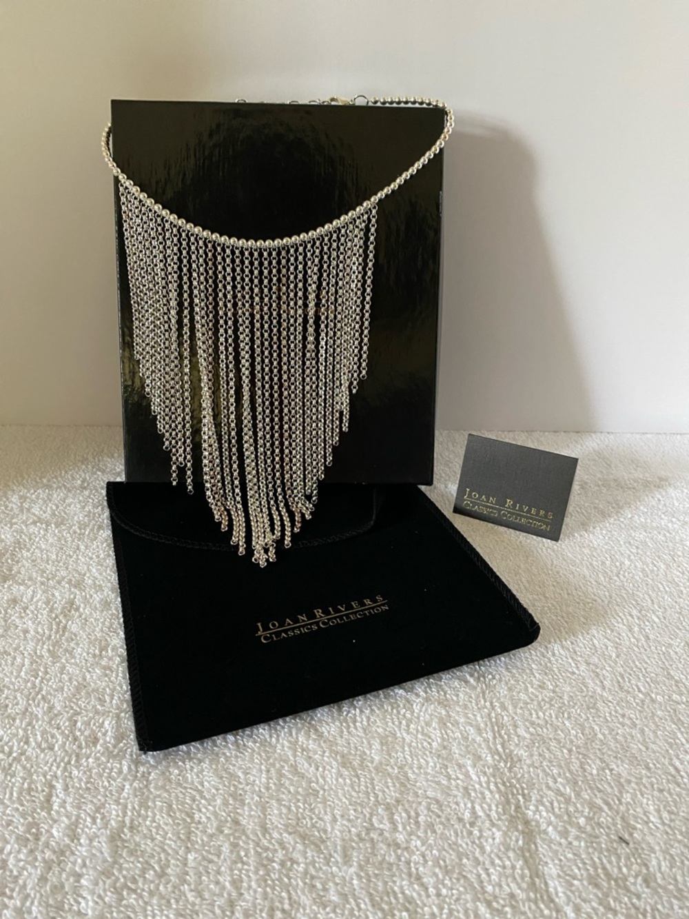 Joan Rivers Silvertone metal waterfall chain choker fringe 70s inspired boxed